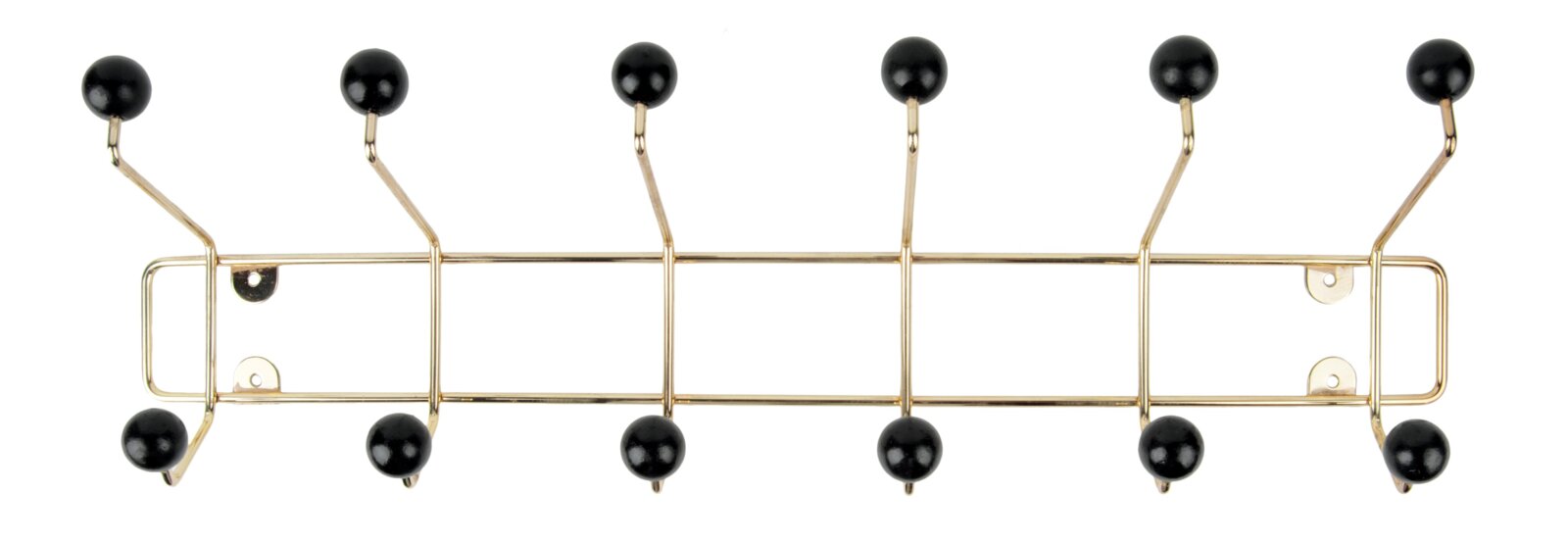Goldene Garderobe mit mehreren Haken und schwarzen Kugeln, Ansicht von vorne.