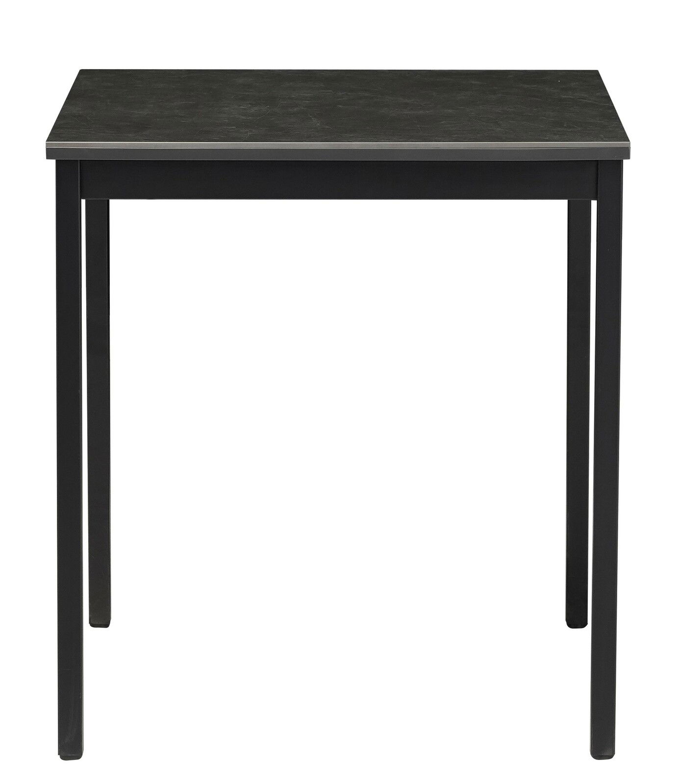 Moderner schwarzer Esstisch aus Metall, frontal fotografiert