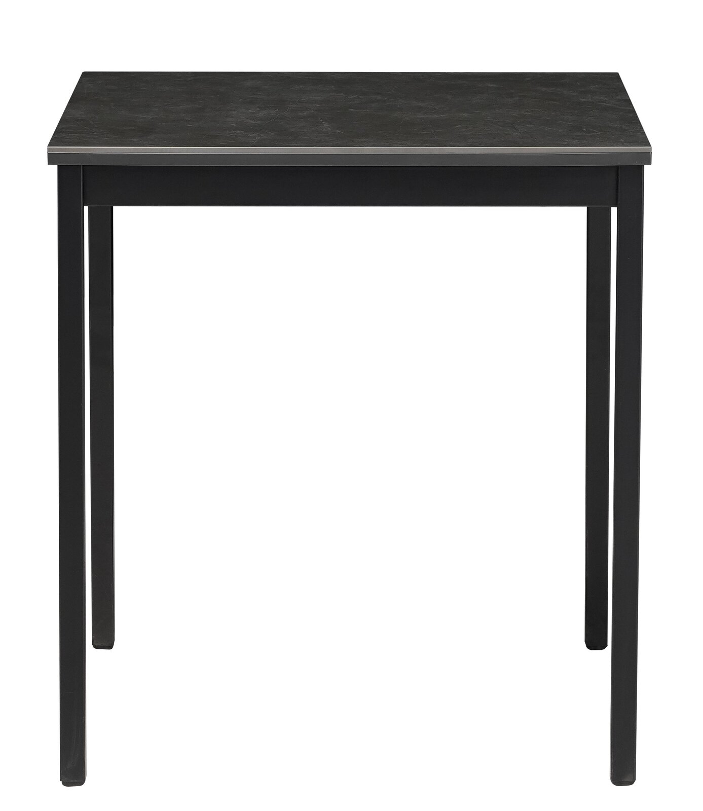 Moderner schwarzer Esstisch aus Metall, frontal fotografiert