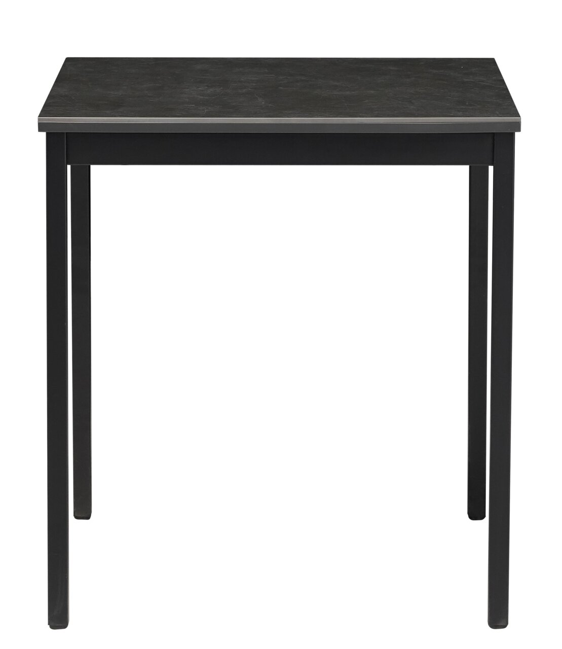 Moderner schwarzer Esstisch aus Metall, frontal fotografiert