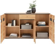 Geöffnetes Sideboard aus Holz mit mehreren Fächern, gefüllt mit Büchern, Boxen und Dekorationen, aus frontaler Perspektive.