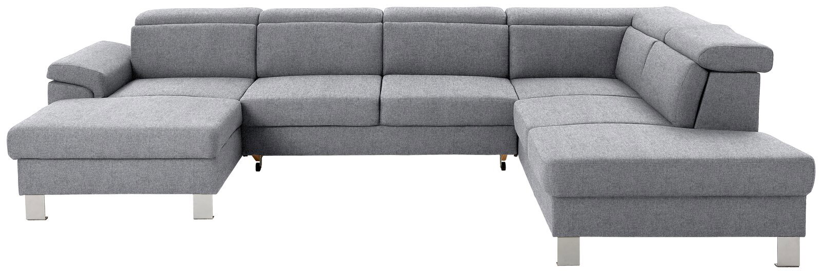 Graues Ecksofa in U-Form mit Blick von vorne, bestehend aus mehreren Sitzplätzen und einer Ottomane auf der linken Seite.