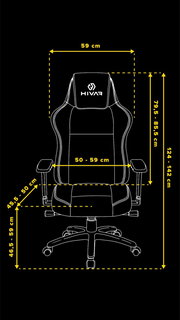 Frontansicht eines Gaming-Stuhls mit verstellbaren Armlehnen und ergonomischem Design, Maße in Zentimetern angegeben.