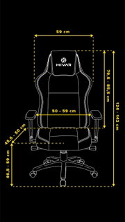 Frontansicht eines Gaming-Stuhls mit verstellbaren Armlehnen und ergonomischem Design, Maße in Zentimetern angegeben.