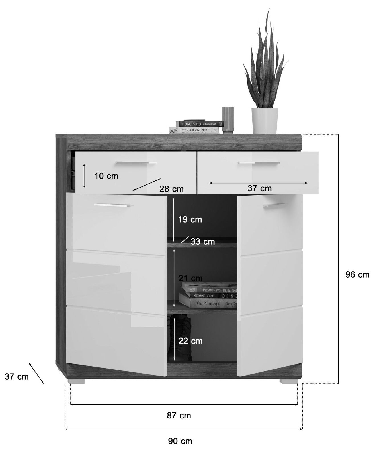 Schuhschrank mit zwei Schubladen und zwei Türen, Maße 90 cm Breite, 96 cm Höhe, 37 cm Tiefe, Frontansicht