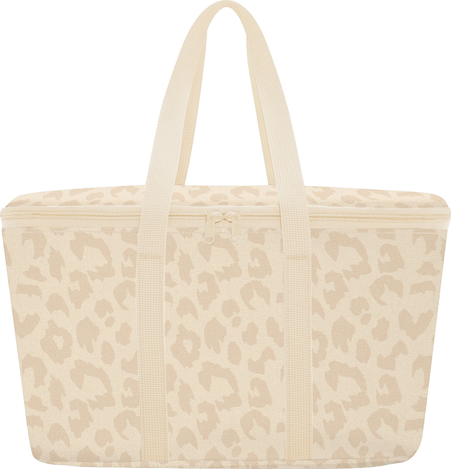 Beige Kühltasche mit Leopardenmuster, Reißverschluss und zwei Tragehenkeln, Frontansicht vor weißem Hintergrund