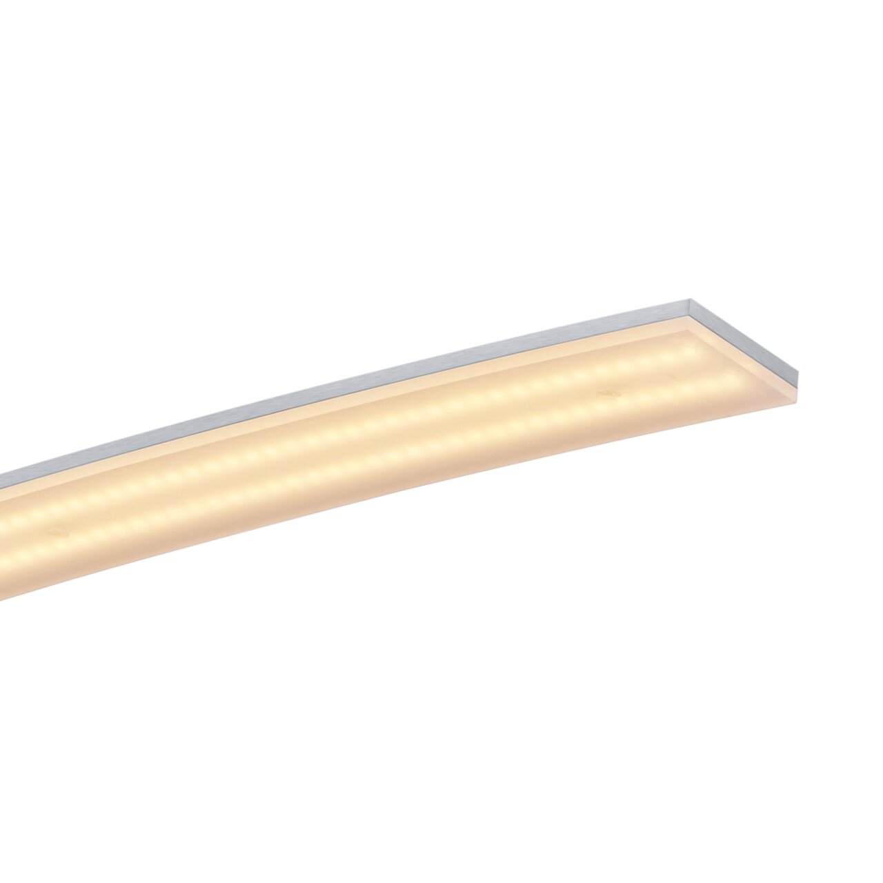 Moderne LED-hanglamp NEW LOIRE in zijaanzicht, met een gebogen, rechthoekig ontwerp en warmwit licht.