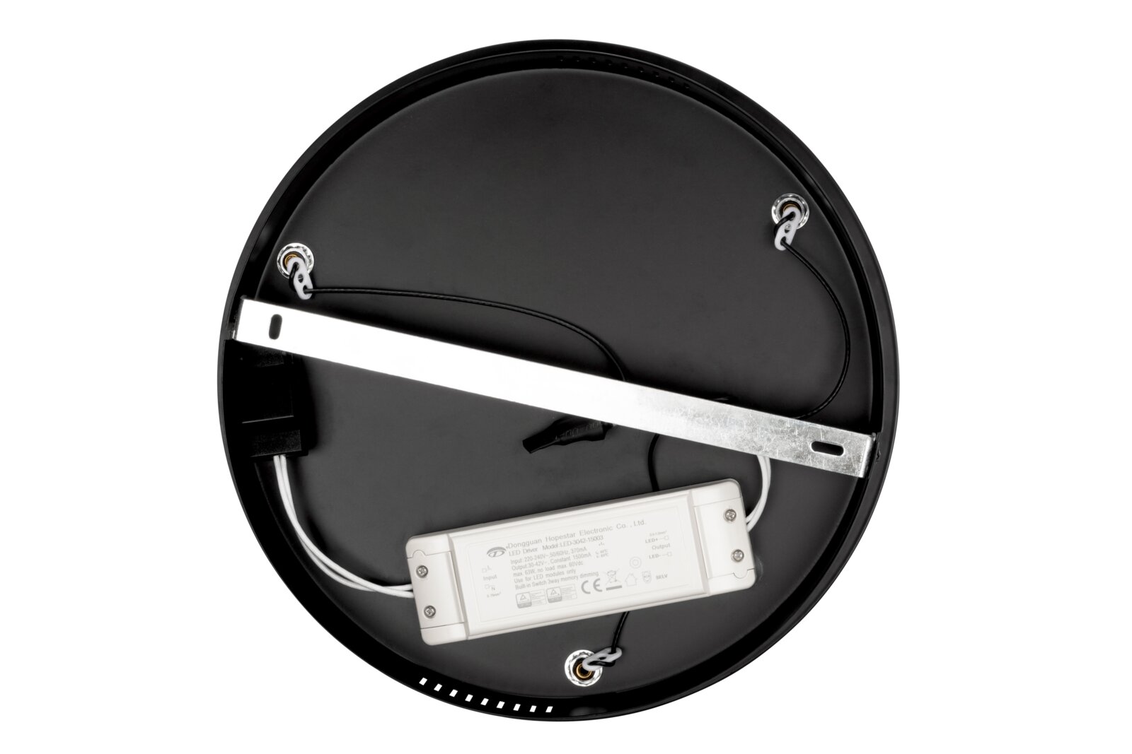 Achterkant van een ronde LED-hanglamp met zichtbare bekabeling en montagebeugel.