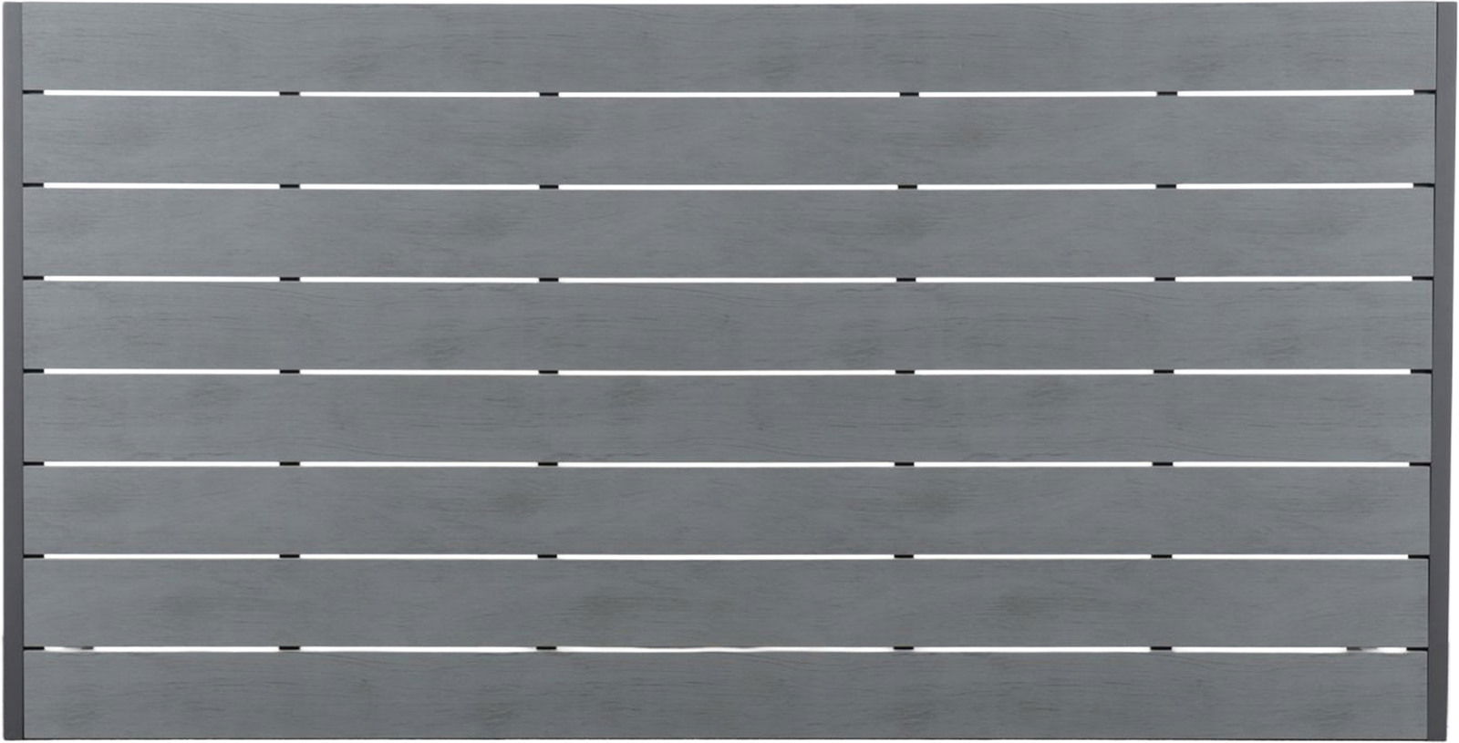 Draufsicht auf eine graue Tischplatte mit horizontalen Holzlatten.