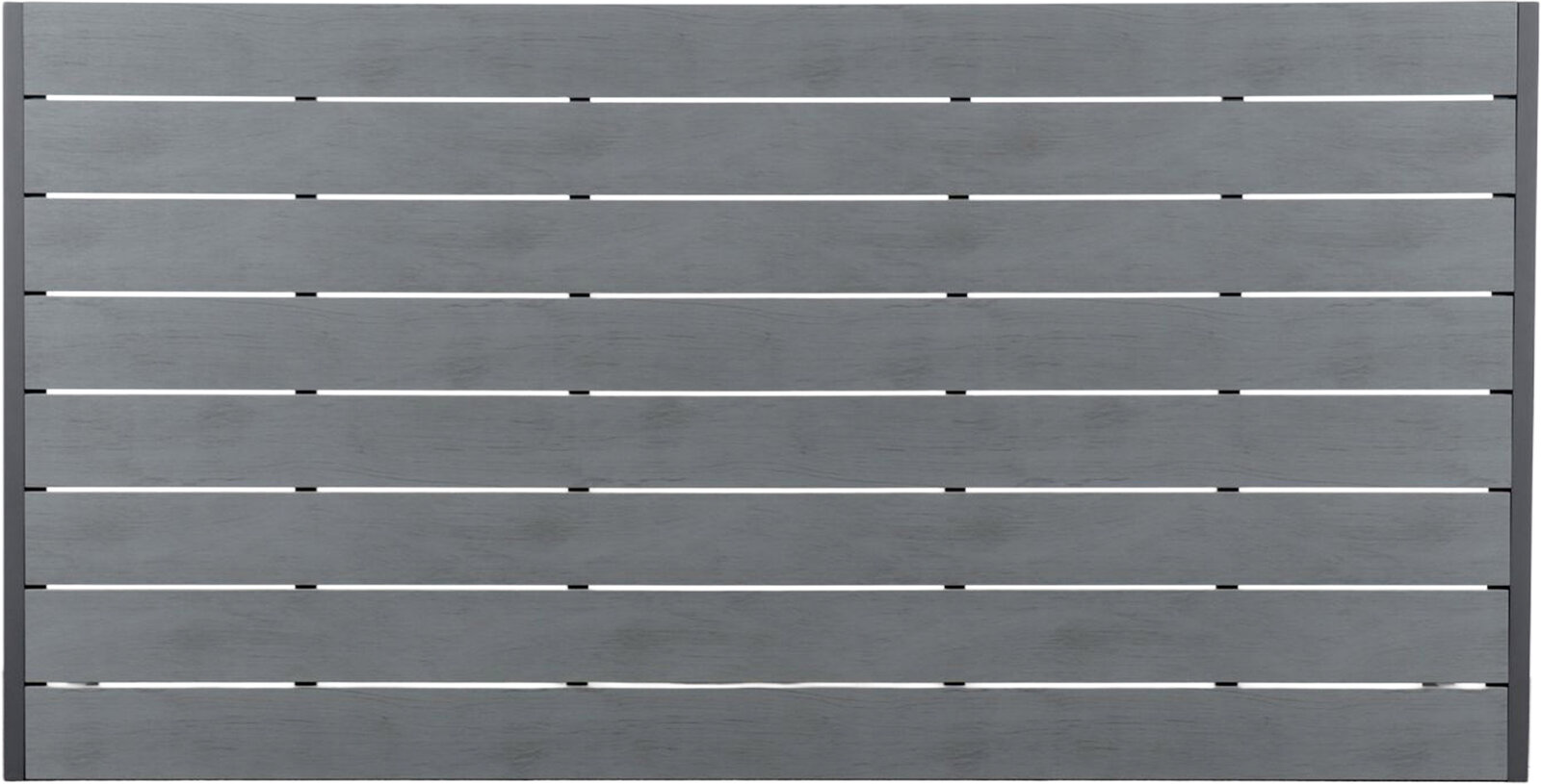 Draufsicht auf eine graue Tischplatte mit horizontalen Holzlatten.