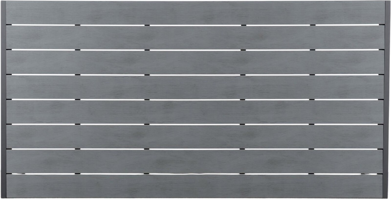 Draufsicht auf eine graue Tischplatte mit horizontalen Holzlatten.
