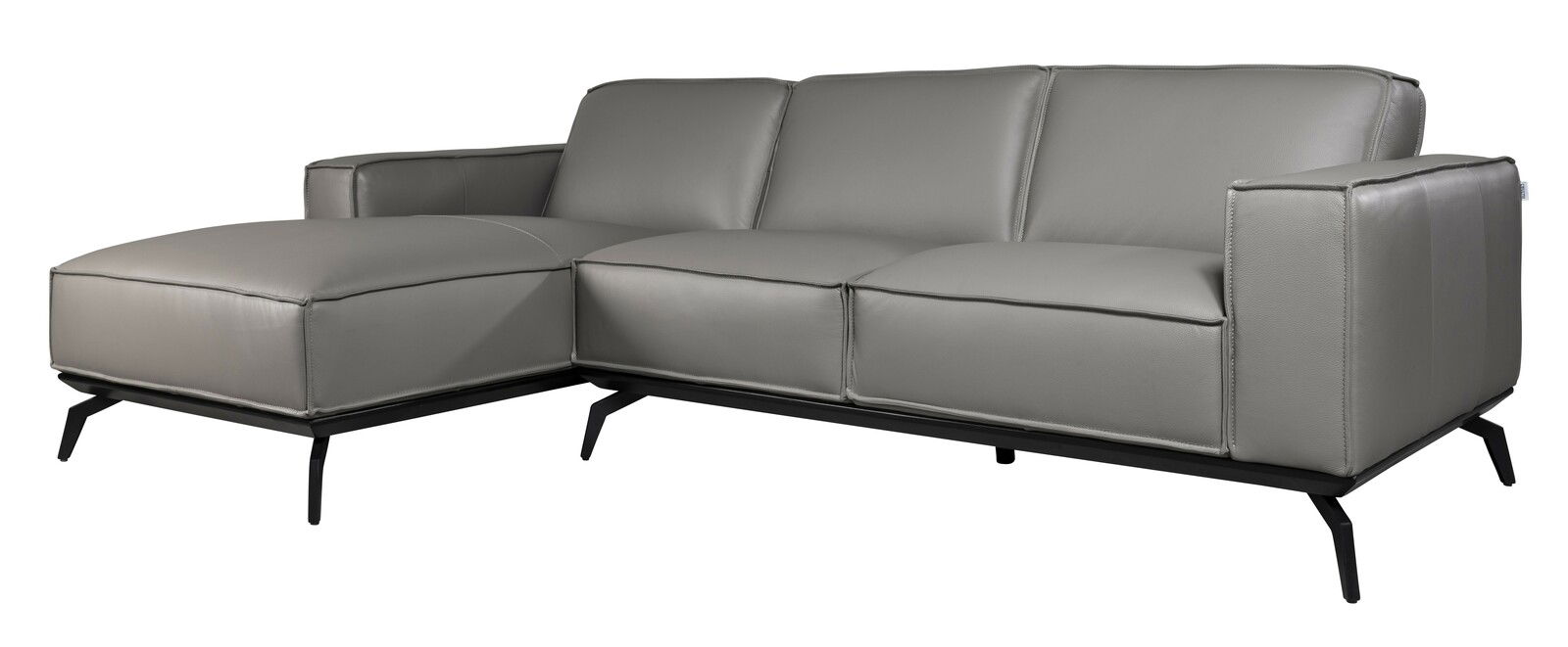 Graue Longchairkombination aus Leder mit schwarzem Metallgestell, seitliche Perspektive