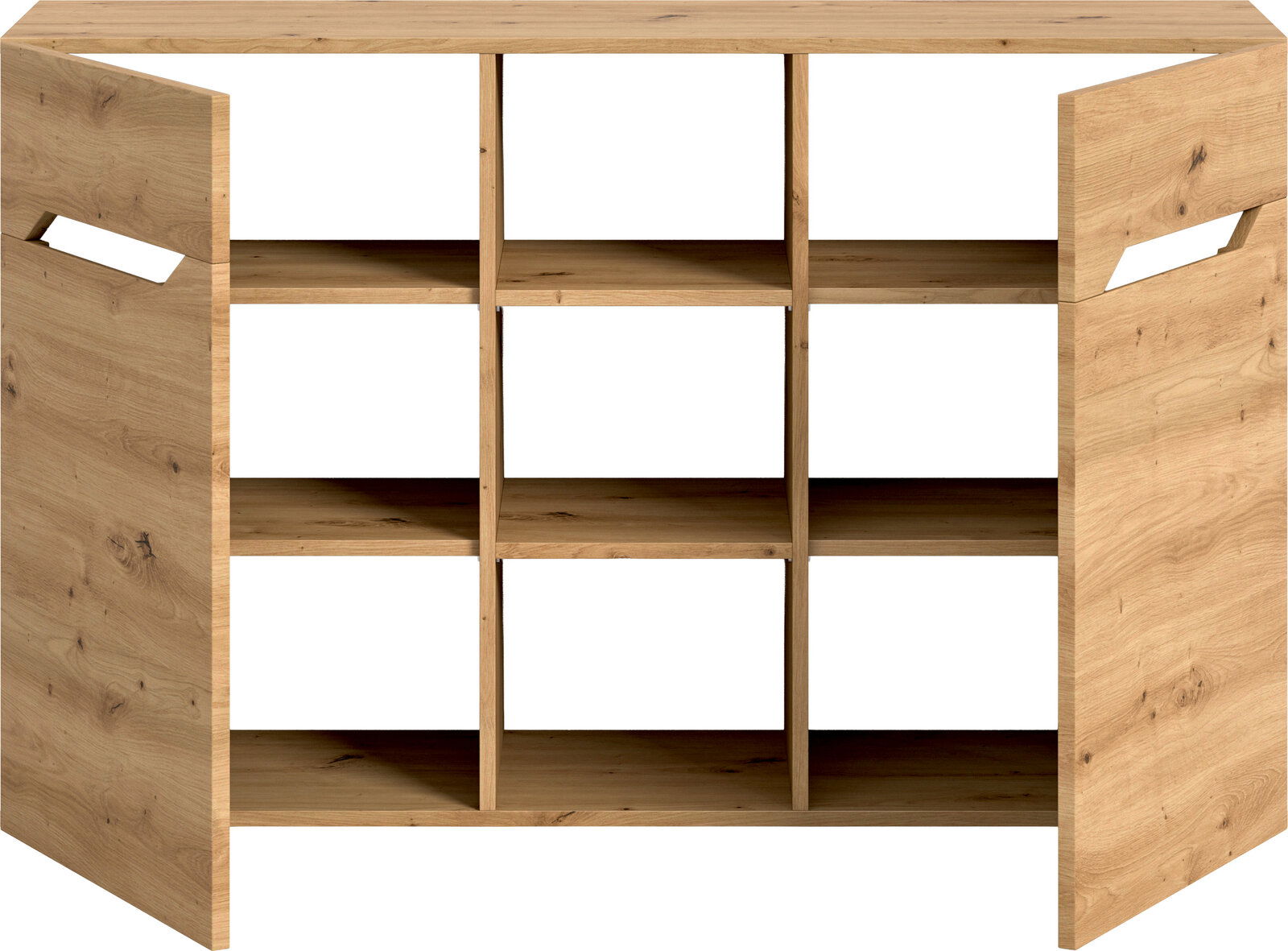 Holzregal mit sechs offenen Fächern und seitlichen Griffausschnitten, Frontansicht auf weißem Hintergrund