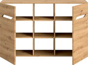 Holzregal mit sechs offenen Fächern und seitlichen Griffausschnitten, Frontansicht auf weißem Hintergrund