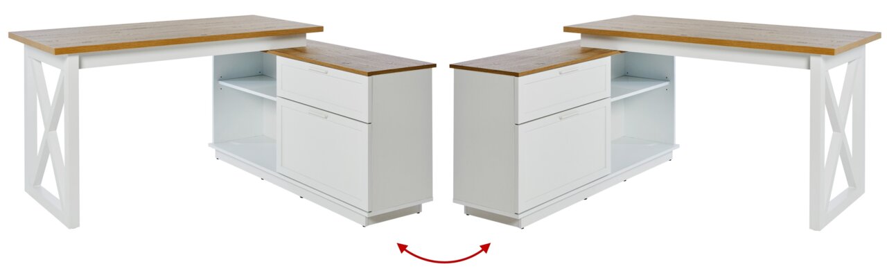 Moderner weißer Eck-Schreibtisch mit Holzoberfläche, zwei Schubladen und offenen Regalfächern, perspektivisch von vorne gezeigt.