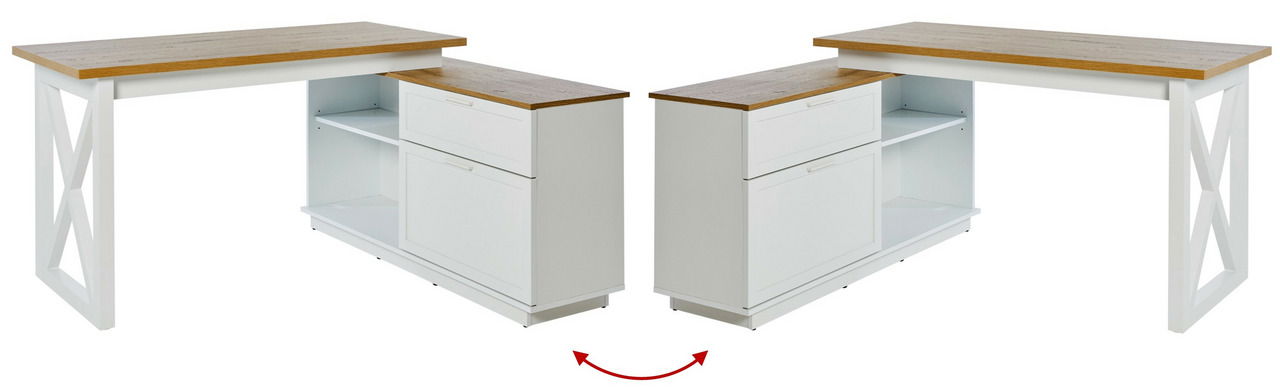 Moderner weißer Eck-Schreibtisch mit Holzoberfläche, zwei Schubladen und offenen Regalfächern, perspektivisch von vorne gezeigt.