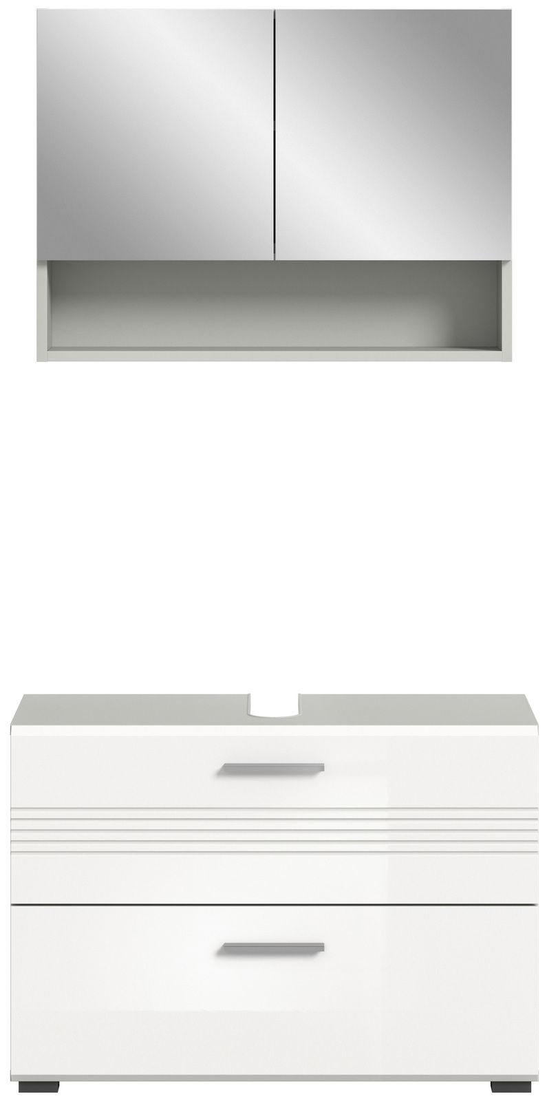 Moderne Badkombination mit Spiegelschrank und Unterschrank in weißer Hochglanzoptik, frontale Ansicht.