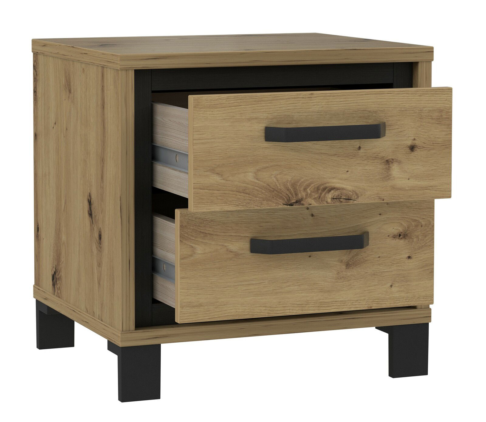 Nachtkonsole aus Holz mit zwei Schubladen, teilweise geöffnet, in einer schrägen Perspektive