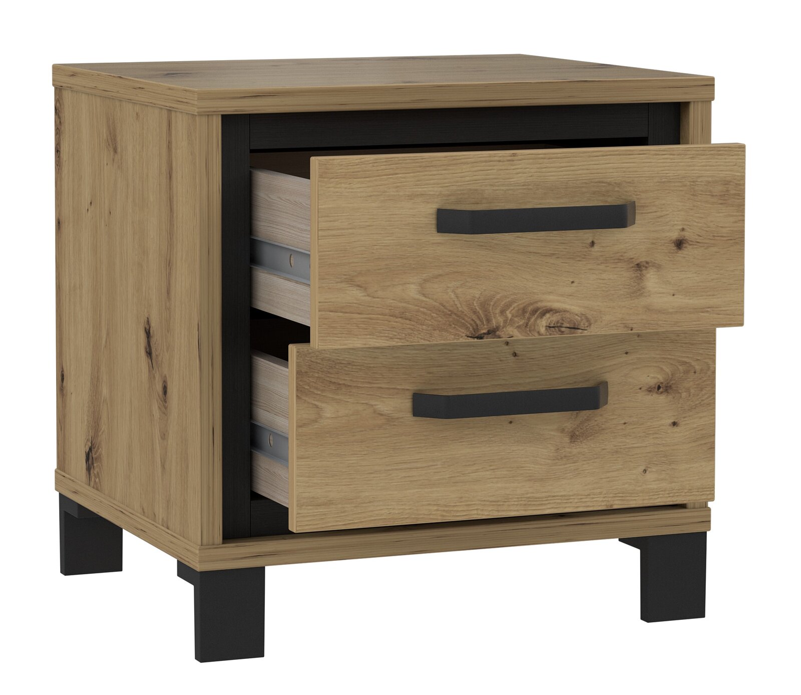 Nachtkonsole aus Holz mit zwei Schubladen, teilweise geöffnet, in einer schrägen Perspektive