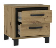 Nachtkonsole aus Holz mit zwei Schubladen, teilweise geöffnet, in einer schrägen Perspektive