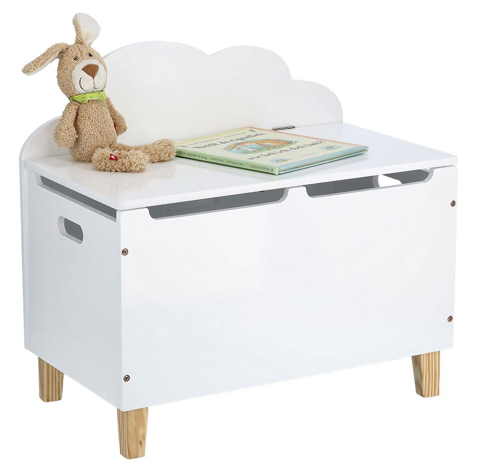 Zeller Present Kinder-Truhe WOLKE Weiße Kinder-Truhe mit Wolkenrückenlehne, darauf ein Plüschhase und Kinderbücher, Perspektive von vorne links