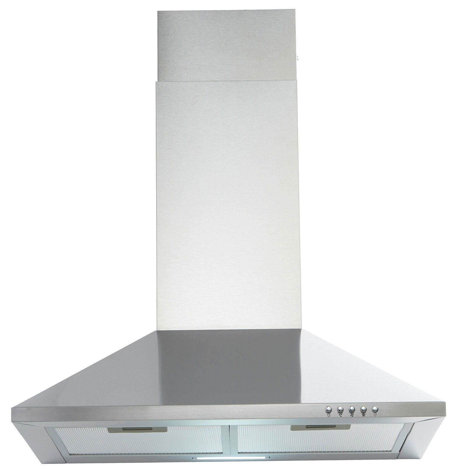 Edelstahl-Dunstabzugshaube in Frontalansicht mit Bedienelementen auf der rechten Seite