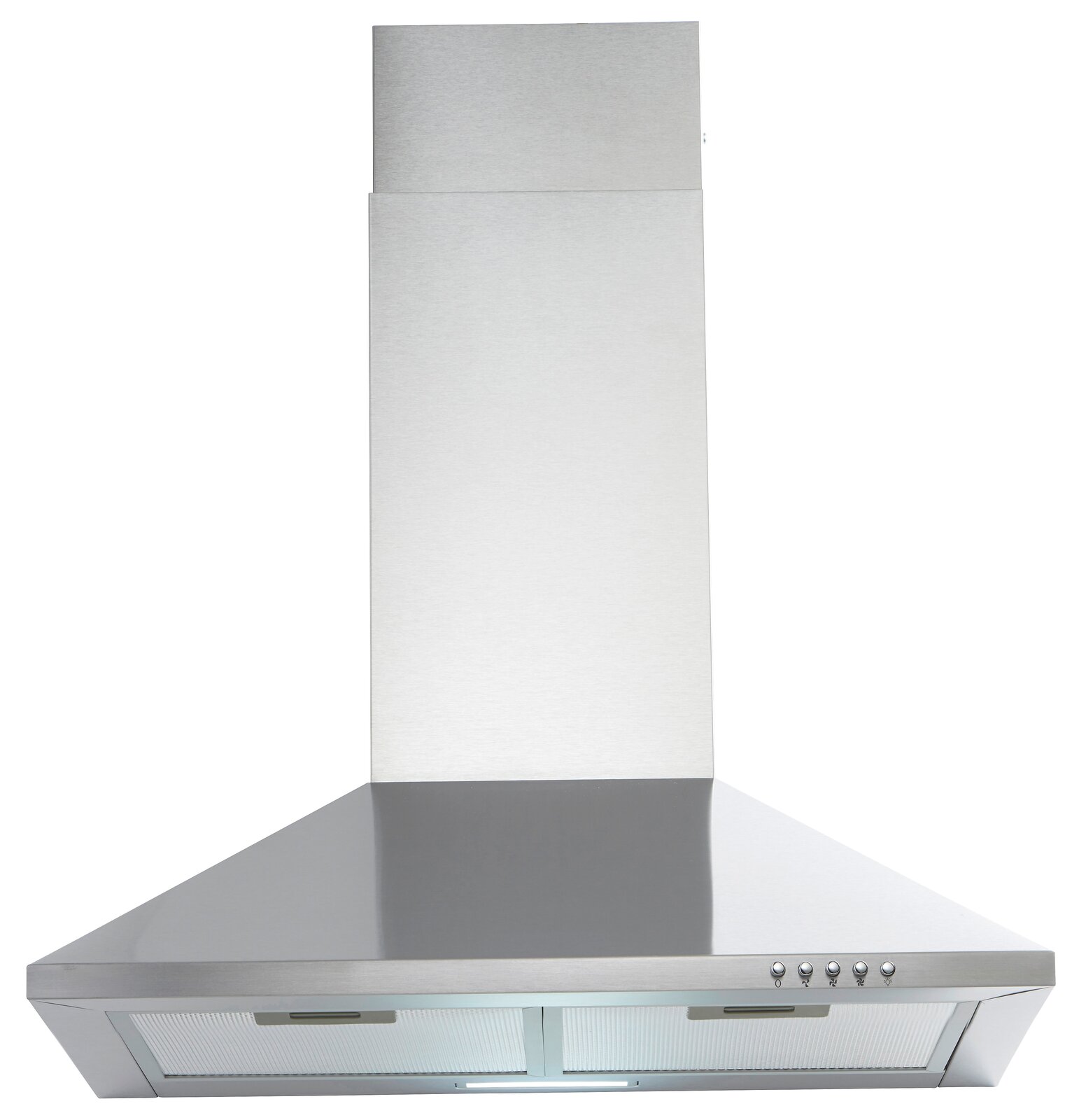 Edelstahl-Dunstabzugshaube in Frontalansicht mit Bedienelementen auf der rechten Seite