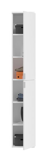 Weißer, schmaler Schrank mit mehreren Fächern, teilweise geöffnet, gefüllt mit Boxen und Kleidung, seitliche Perspektive