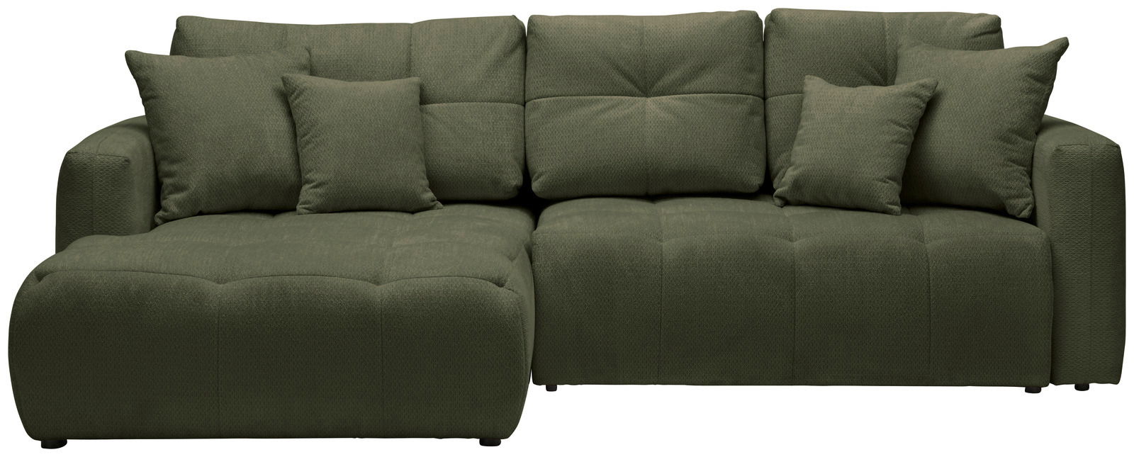 Grünes Ecksofa mit mehreren Kissen, Vorderansicht