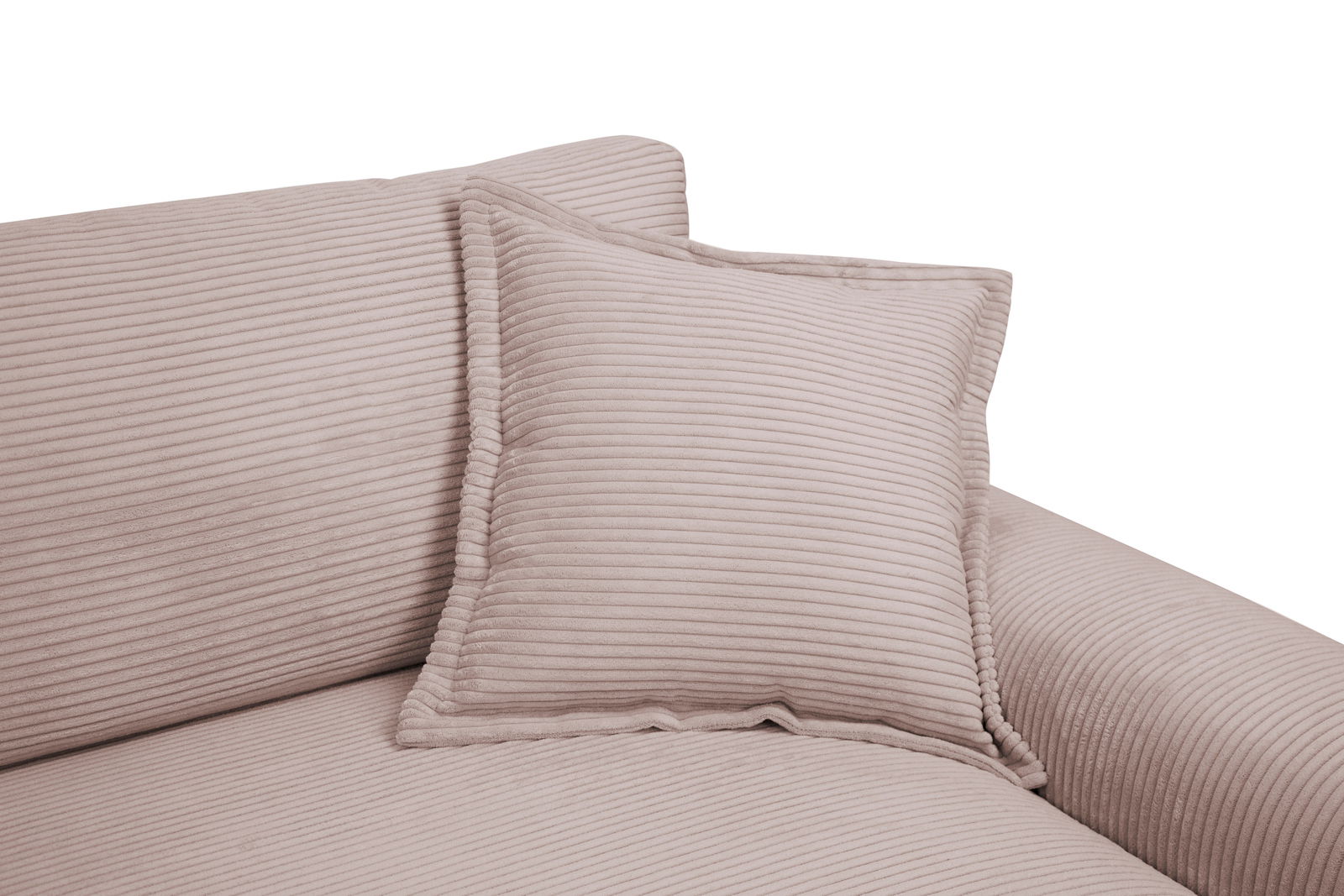 Nahaufnahme eines Big-Sofas mit geripptem Stoffbezug und einem passenden Kissen, seitliche Perspektive.