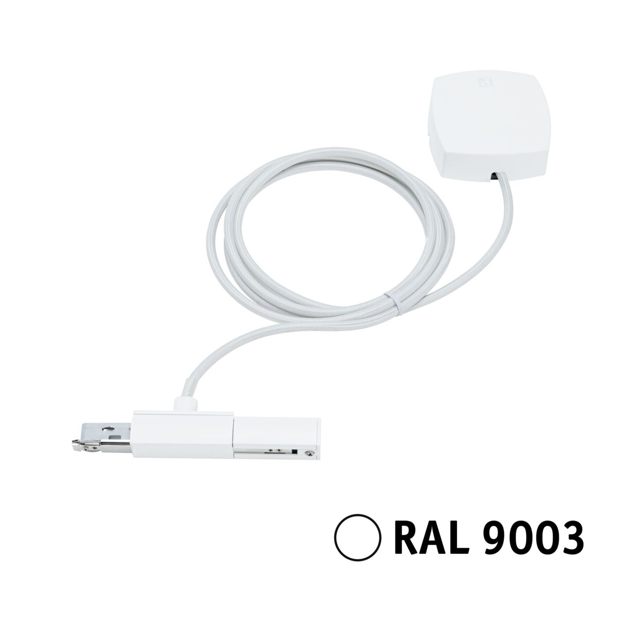 Weißes Stromeinspeisungskabel mit rechteckigem Anschluss und RAL 9003 Farbcode, von oben betrachtet.