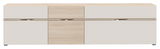 Frontansicht eines modernen TV-Lowboards in hellem Holzdesign mit klaren Linien und minimalistischer Ästhetik.