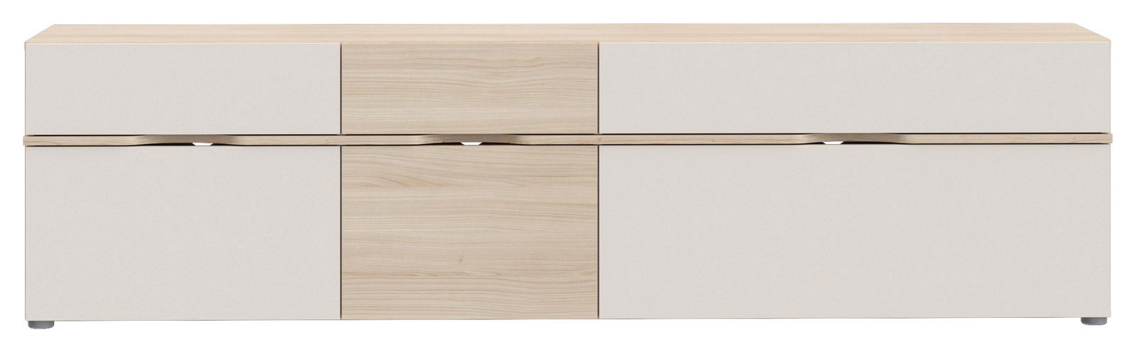 Frontansicht eines modernen TV-Lowboards in hellem Holzdesign mit klaren Linien und minimalistischer Ästhetik.