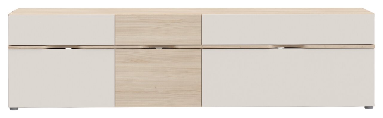 Frontansicht eines modernen TV-Lowboards in hellem Holzdesign mit klaren Linien und minimalistischer Ästhetik.