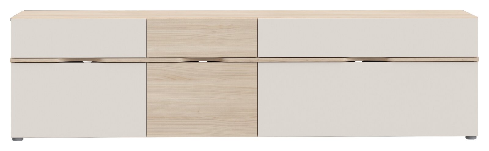 Frontansicht eines modernen TV-Lowboards in hellem Holzdesign mit klaren Linien und minimalistischer Ästhetik.