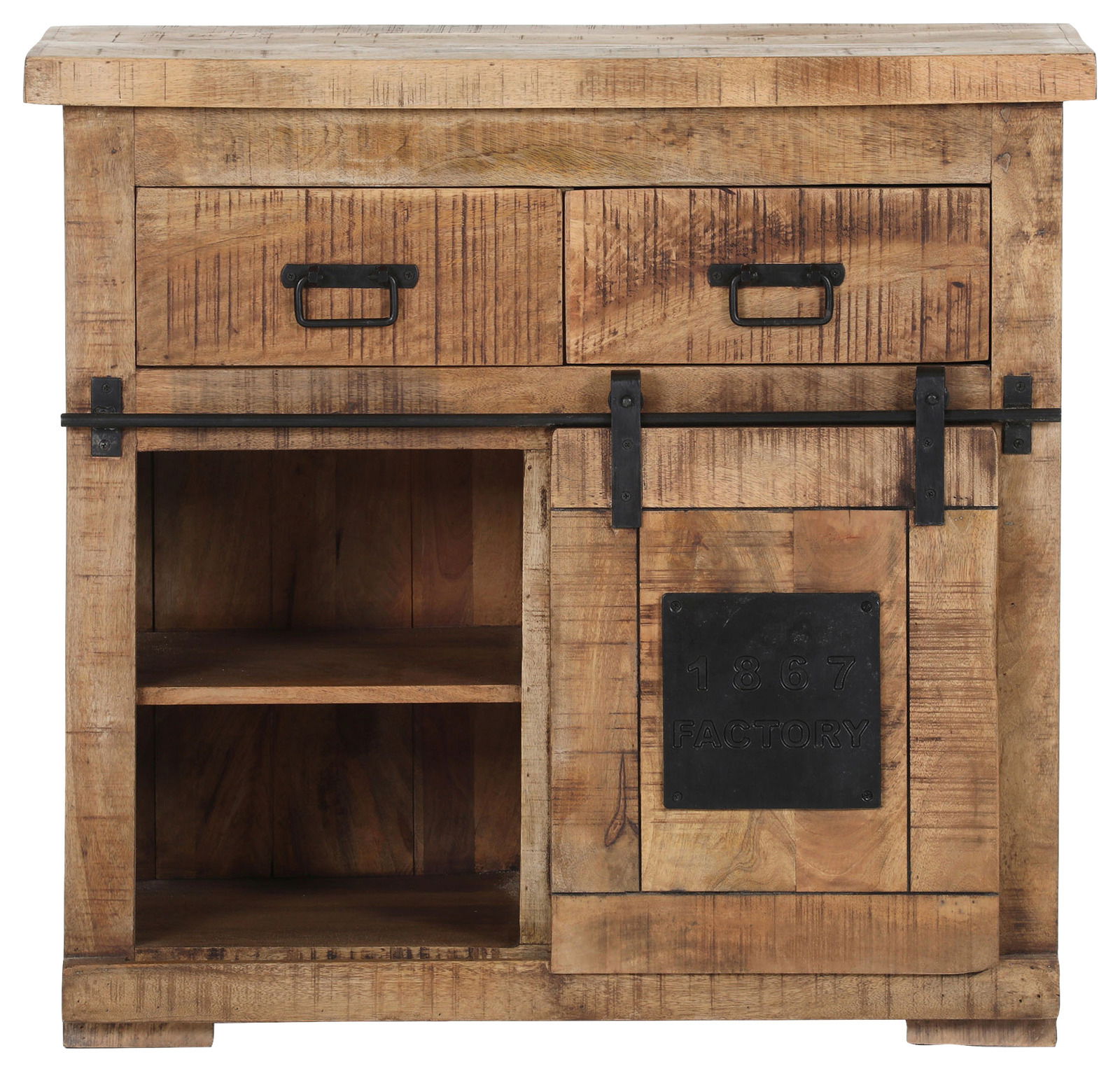 Rustikale Kommode aus Holz mit zwei Schubladen und einer Schiebetür, frontal abgebildet.