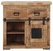 Rustikale Kommode aus Holz mit zwei Schubladen und einer Schiebetür, frontal abgebildet.