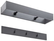 Garderobenpaneel-Set in dunklem Grau, bestehend aus einem breiten Paneel mit Kleiderstange und einem Paneel mit drei Haken. Perspektive von schräg unten.