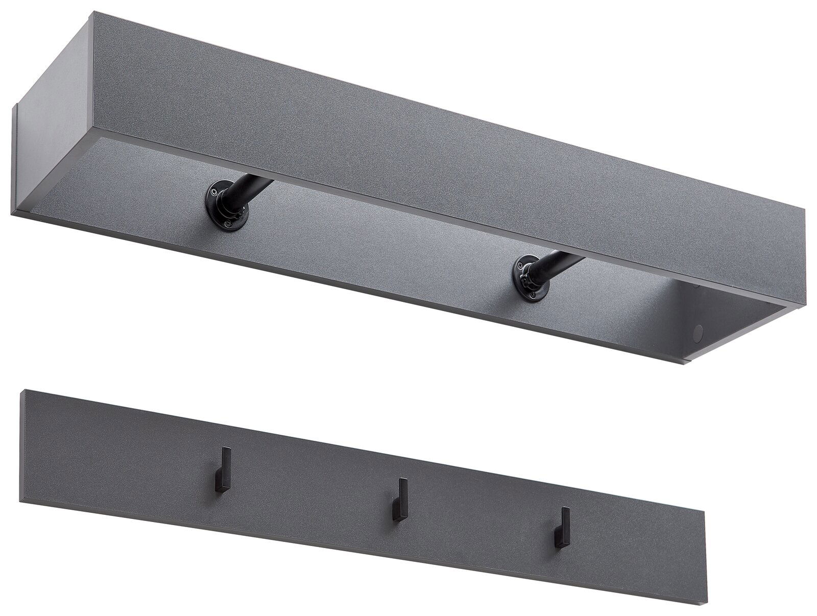 Garderobenpaneel-Set in dunklem Grau, bestehend aus einem breiten Paneel mit Kleiderstange und einem Paneel mit drei Haken. Perspektive von schräg unten.