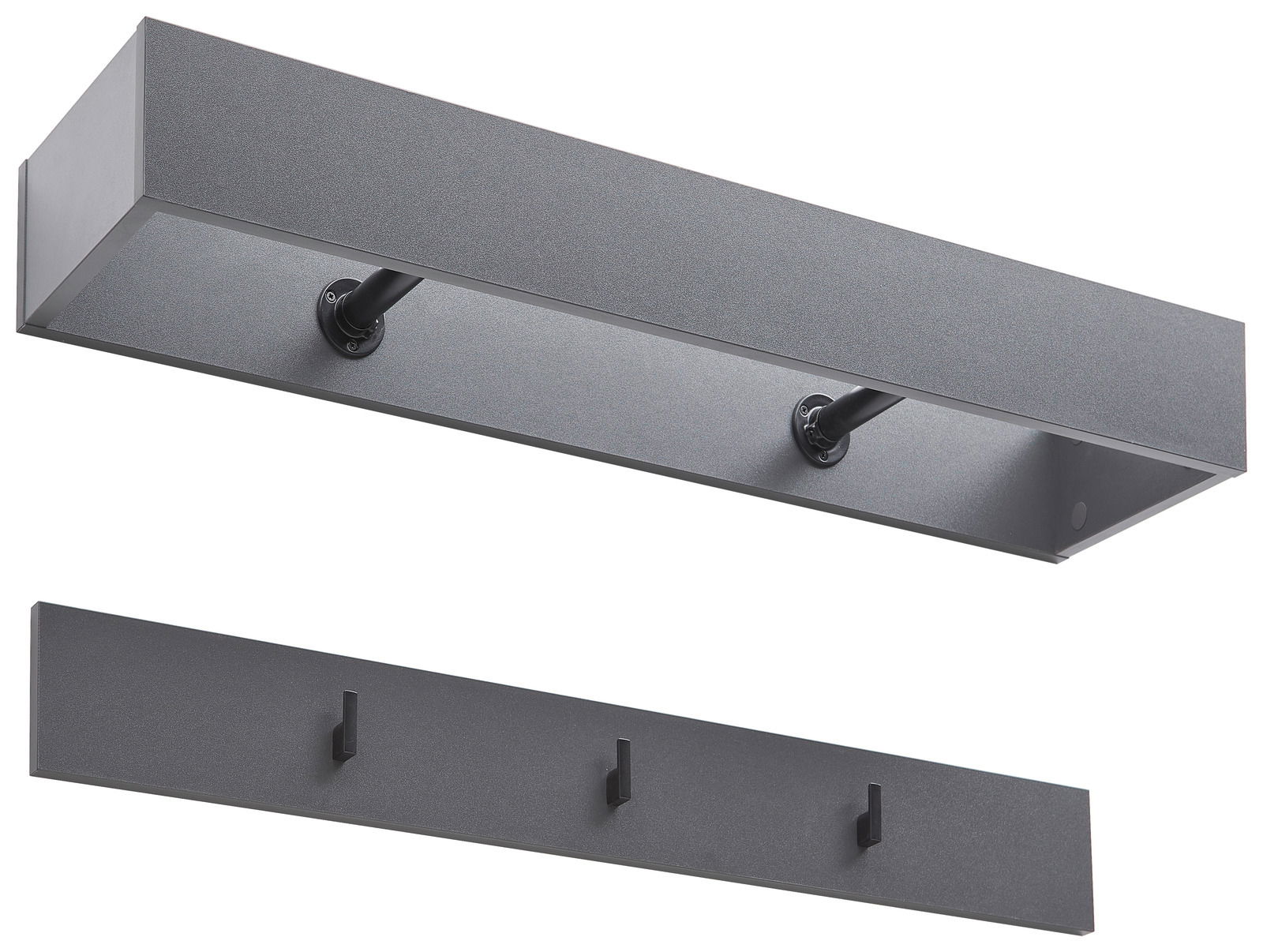 Garderobenpaneel-Set in dunklem Grau, bestehend aus einem breiten Paneel mit Kleiderstange und einem Paneel mit drei Haken. Perspektive von schräg unten.