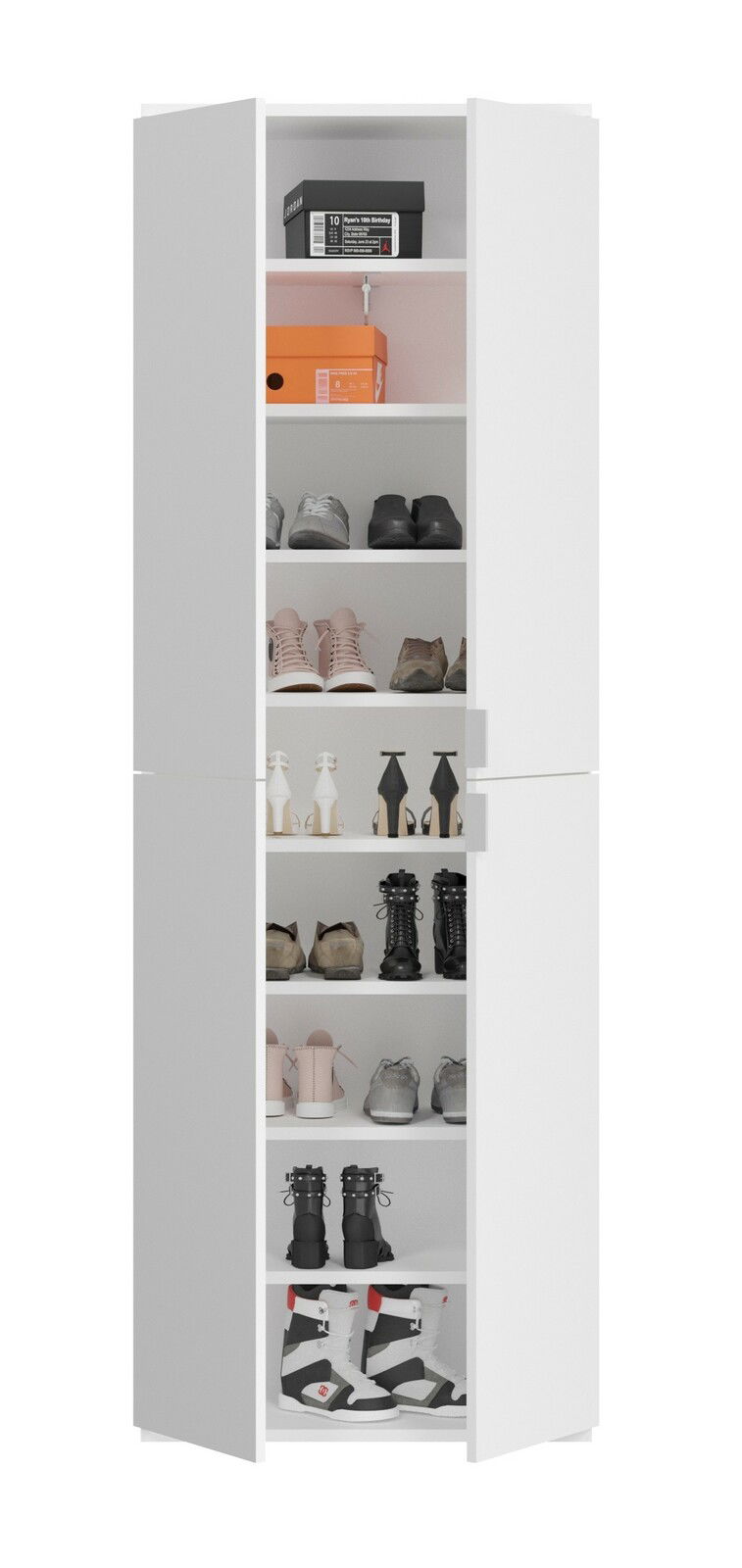 Weiße Garderobenkombination mit offenen Türen, gefüllt mit verschiedenen Schuhen und Kartons, frontal betrachtet.