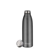 Graue Thermosflasche mit abgenommenem Deckel, seitliche Perspektive