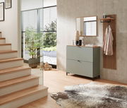 Moderner Eingangsbereich mit grünem Hänge-Schuhschrank, Spiegel und Garderobenpaneel aus Holz, seitliche Perspektive.