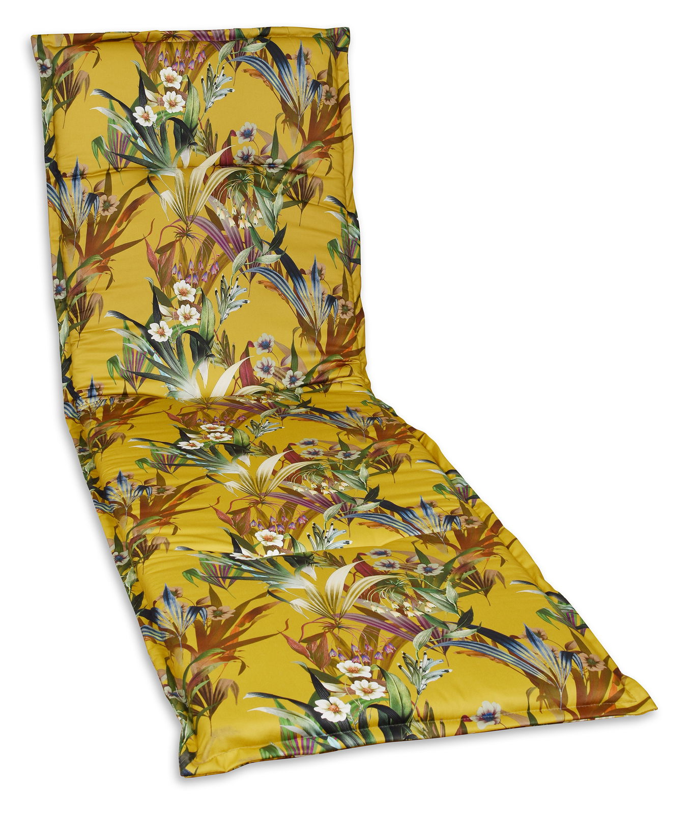 Gelbe Liegenauflage mit buntem Blumenmuster, aus seitlicher Perspektive fotografiert.