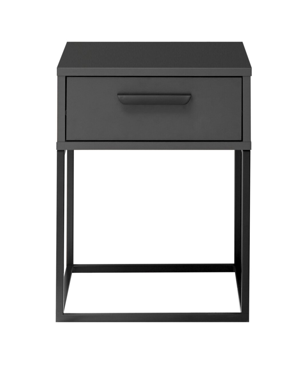Moderne schwarze Nachtkommode mit Schublade und Metallrahmen, Frontalansicht