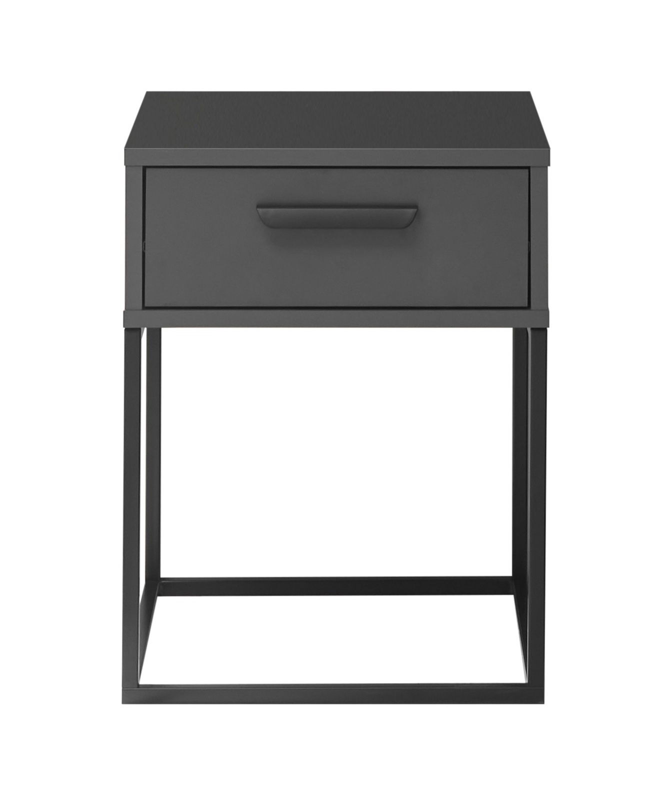 Moderne schwarze Nachtkommode mit Schublade und Metallrahmen, Frontalansicht