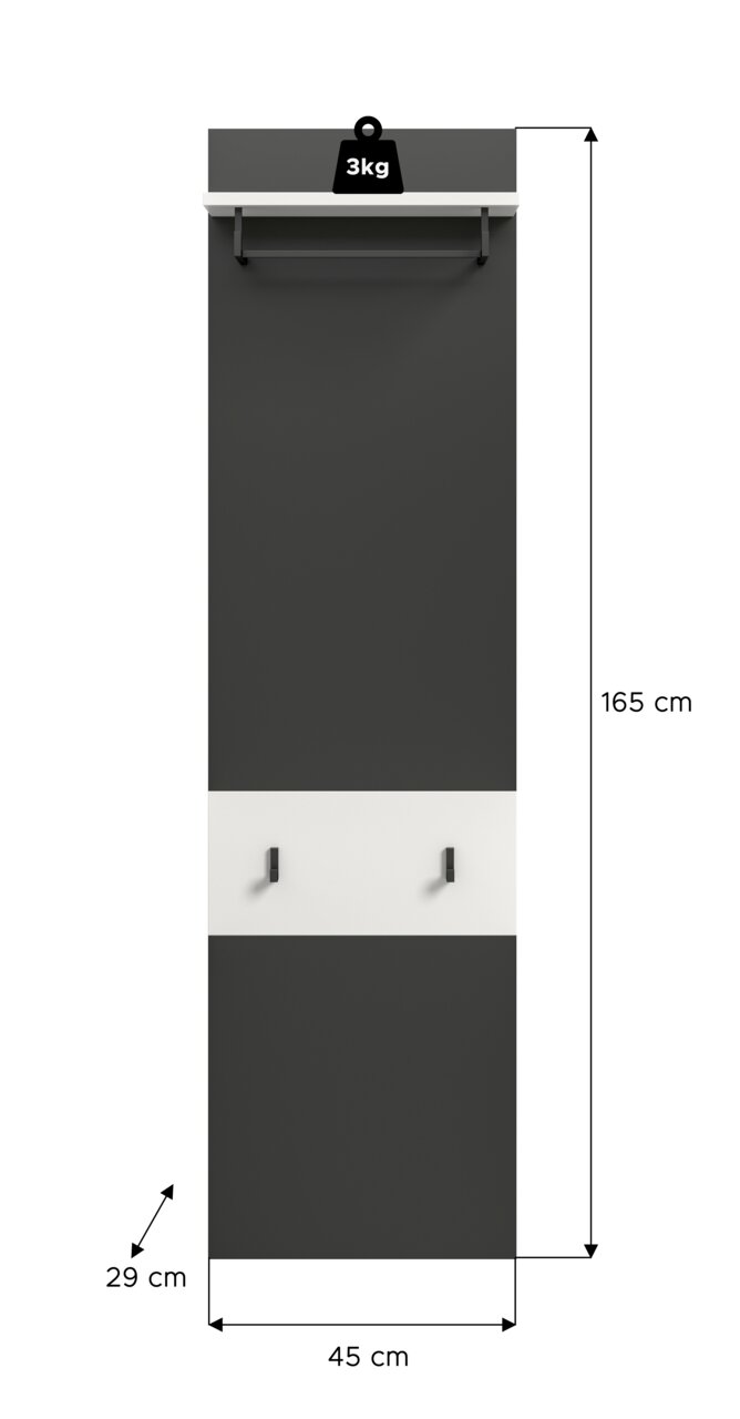Schmale Garderobenpaneel-Wandgarderobe in Anthrazit mit weißem Mittelstreifen, oben Ablage und Kleiderstange sowie zwei Haken, Maße ca. 165 x 45 x 29 cm, Frontansicht.