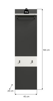 Schmale Garderobenpaneel-Wandgarderobe in Anthrazit mit weißem Mittelstreifen, oben Ablage und Kleiderstange sowie zwei Haken, Maße ca. 165 x 45 x 29 cm, Frontansicht.