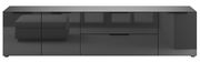 Frontansicht eines modernen, schwarzen XL-TV-Lowboards mit glänzender Oberfläche und mehreren Türen und Schubladen.