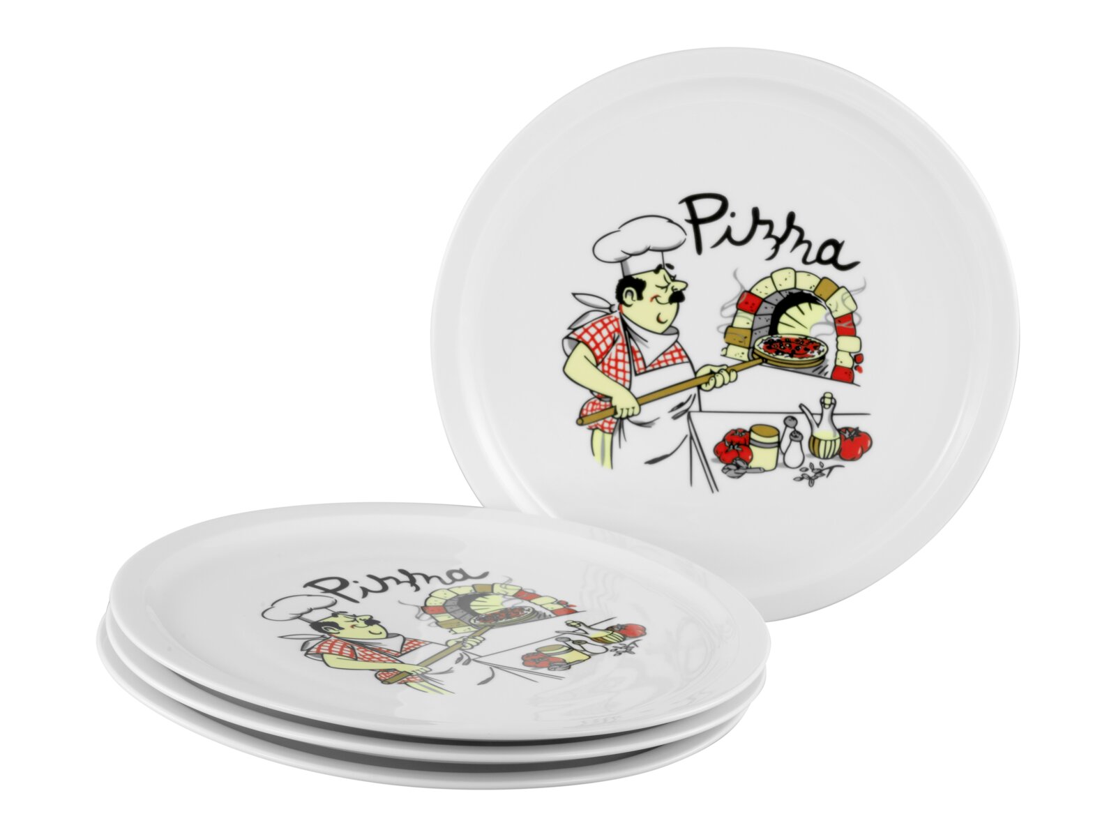 creaTable Pizzateller 4-tlg MILANO Weiße Keramik-Pizzateller mit Comic-Motiv eines Pizzabäckers und Schriftzug „Pizza“, ein Teller frontal von oben gezeigt, zwei Teller unten im schrägen Stapel in Seitenansicht auf weißem Hintergrund